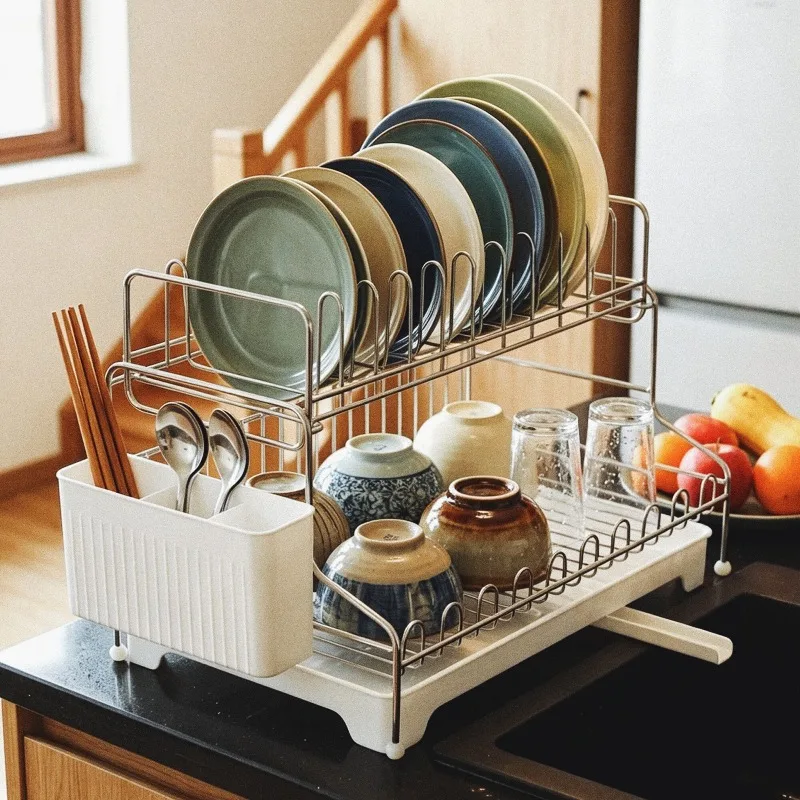 304 Stainless Steel Drain Rack for Kitchen 2Layer Dish Drying Stand Countertop Sink Organizer for Bowls Rustproof Cutlery Holder