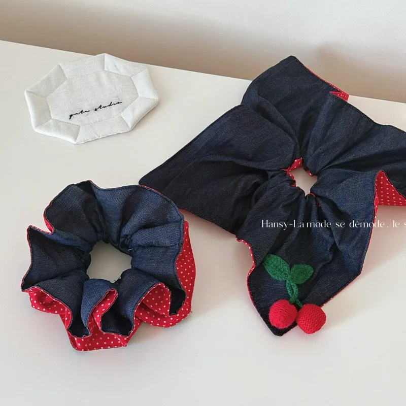 

Elastic Hair Bands AB Faced Cherry Denim Sweet Girl Navy Blue Red Polka Dot Head Flower Hair Band