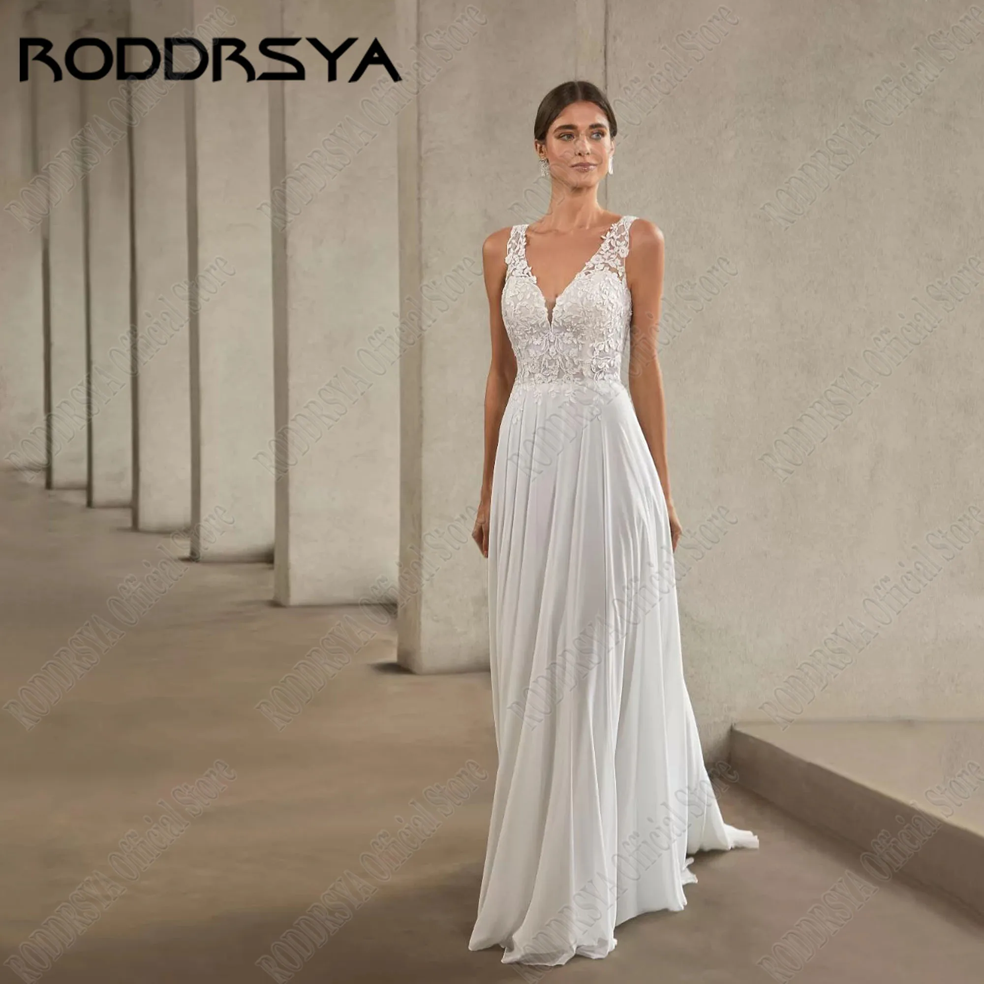 RODDRSYA Chiffon Wedding Dress Detachable Puff Sleeves V-Neck Backless A-Line Lace Applique Bride Party Gowns See Through Back