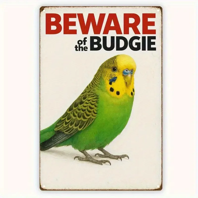 2D Flat, 1pc Vintage Budgie Bird Warning Sign Wall Decor - Green/Yellow & Red Letters, Rustic Vintage Iron Metal Caution Plaque