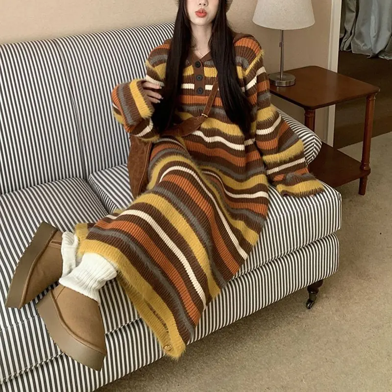 Autumn Winter Vintage Striped Long Dress Contrasting Colors Women's Clothing Casual Loose Hooded Button Straight Knitted Dresses