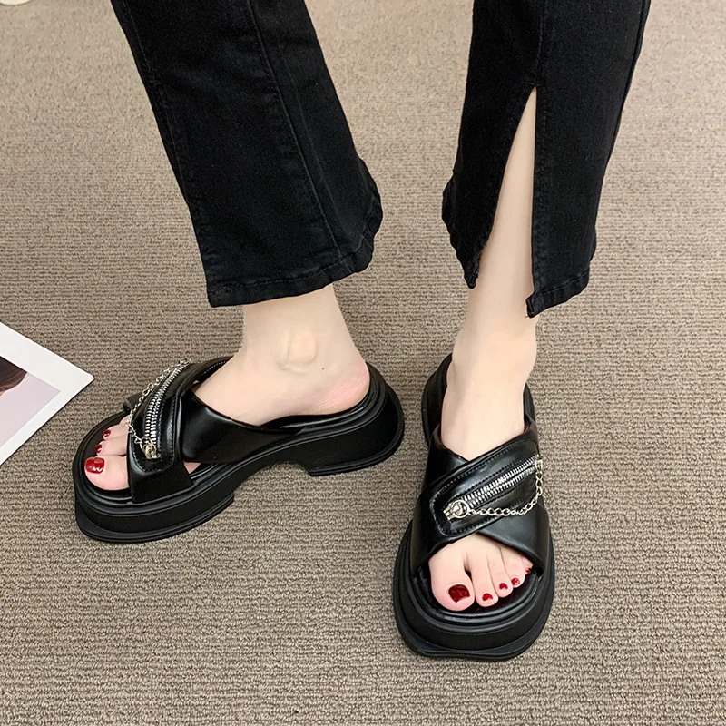 Thick Soled Slippers for Women Summer Chain Denim Chunky Heel Fashion Cross Slides Open Toe Outdoor Beach Woman Walking Slides