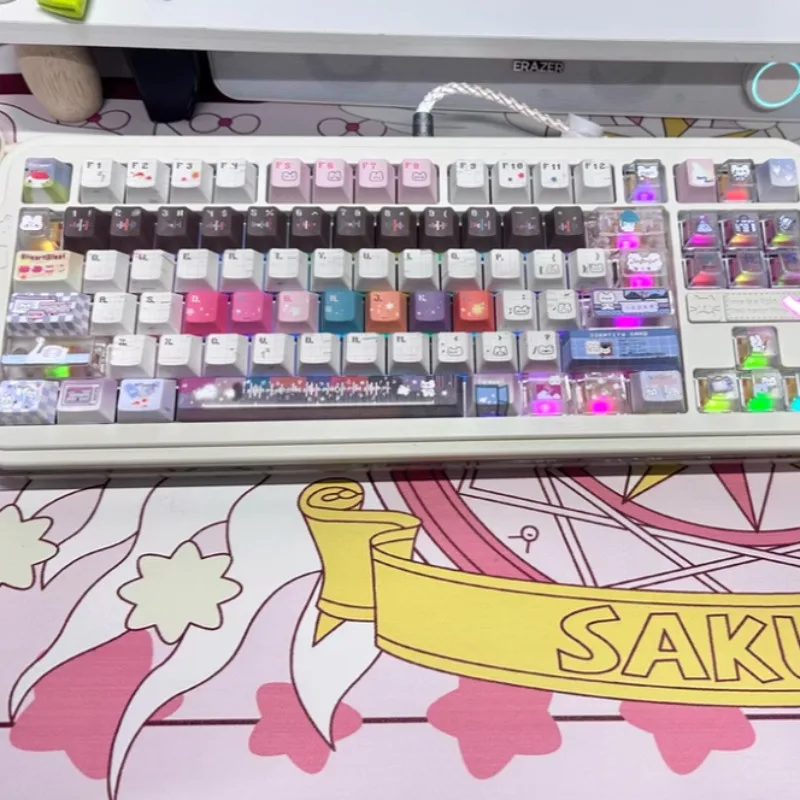 Hot Sales Frosted Translucent Keycaps Custom UV Color Printing Process PBT Cherry Profile Key Cap PC Cartoon Cute Point KeyCap
