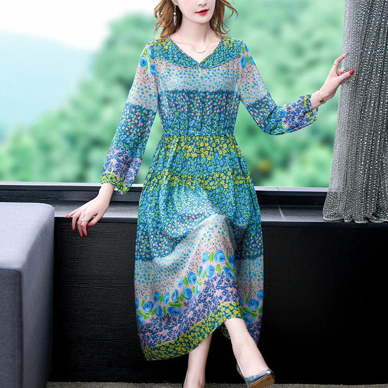 Women Floral Mulberry Silk Light Midi Dress Summer Boho Elegant Bodycon Casual Beach Sundress 2024 Korean Vintage Party Dresses