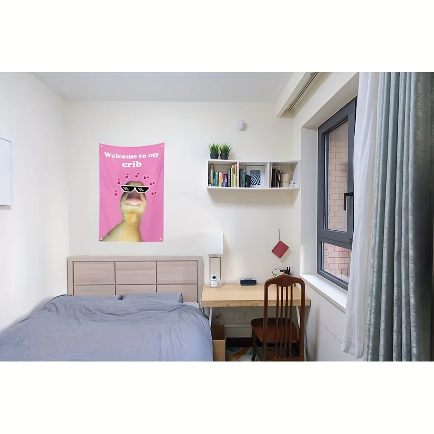 مرحبًا بكم في علم My Crib Duck - نسيج وردي مع تصميم "Welcome to My Crib"، مخيط مزدوج، 4 حلقات نحاسية