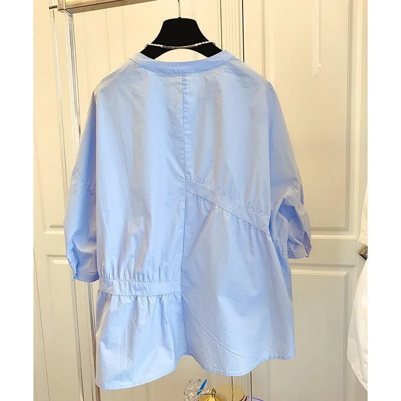 2025 verão nova blusa casual feminina o-pescoço manga curta moda coreana cor sólida solta botão acima senhoras topos camisas populares