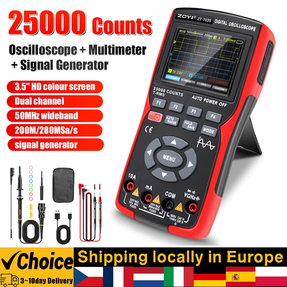 ZT703S 3in1 Digital Oscilloscope Multimeter Signal Generator Dual Channel 50MHz Bandwidth 280MS Sampling Rate Multi Tester