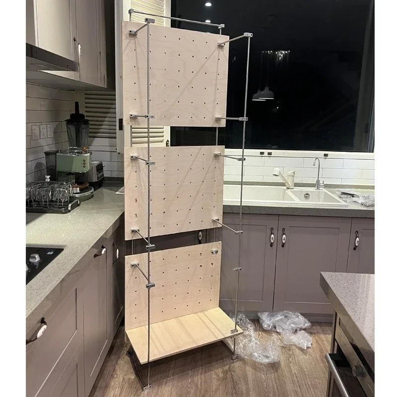 

Home living room display rack Birch perforated board storage rack Floor standing kitchen storage rack