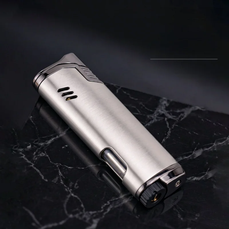 Industrial‑style Inflatable Lighter, Elongated Metallic Housing, Clear Fuel‑level Display, Bottom‑mounted Regulator,