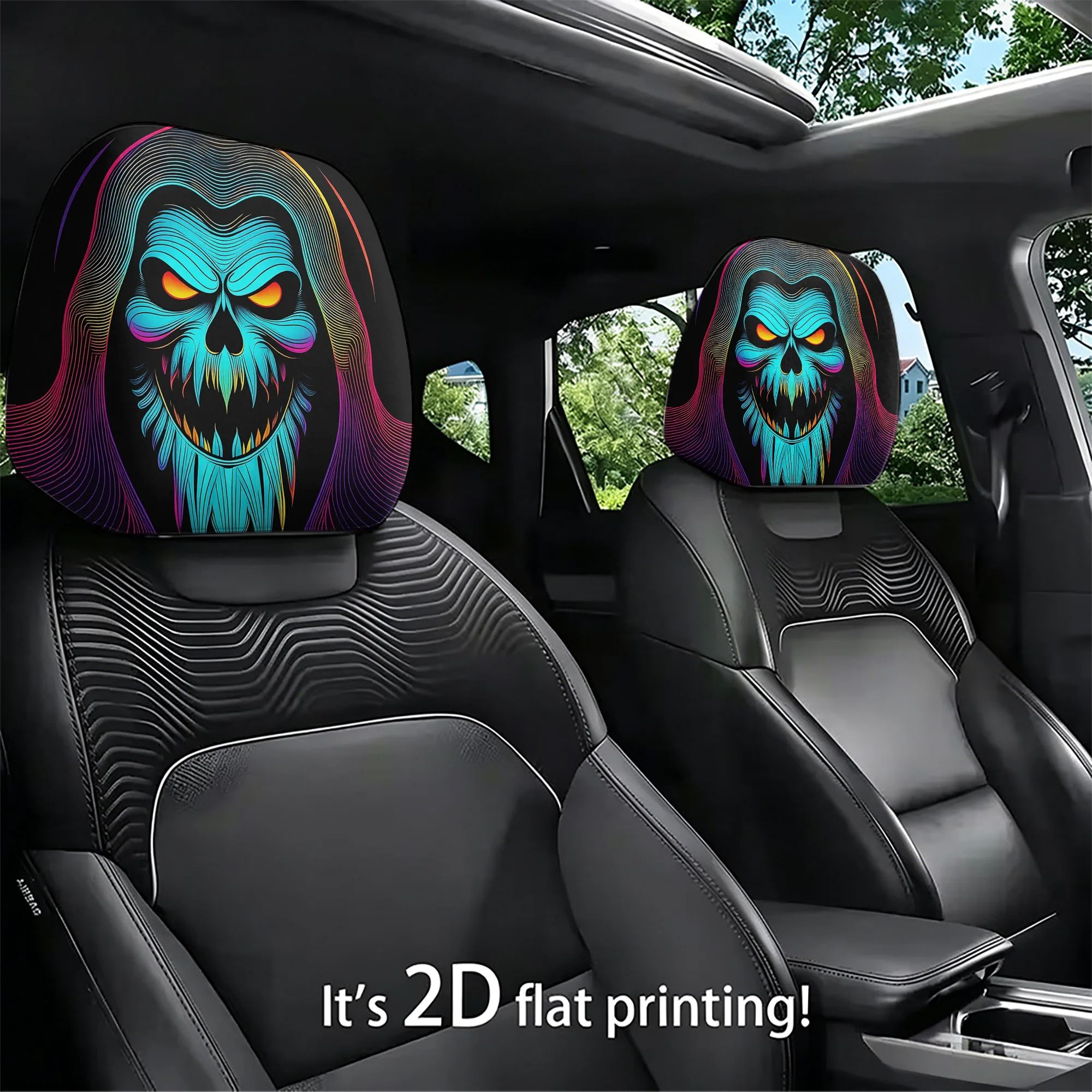 2pcs car headrest covers featuring a neon skull design, adding a bold and avant-garde style to your car’s interior. Easy to inst