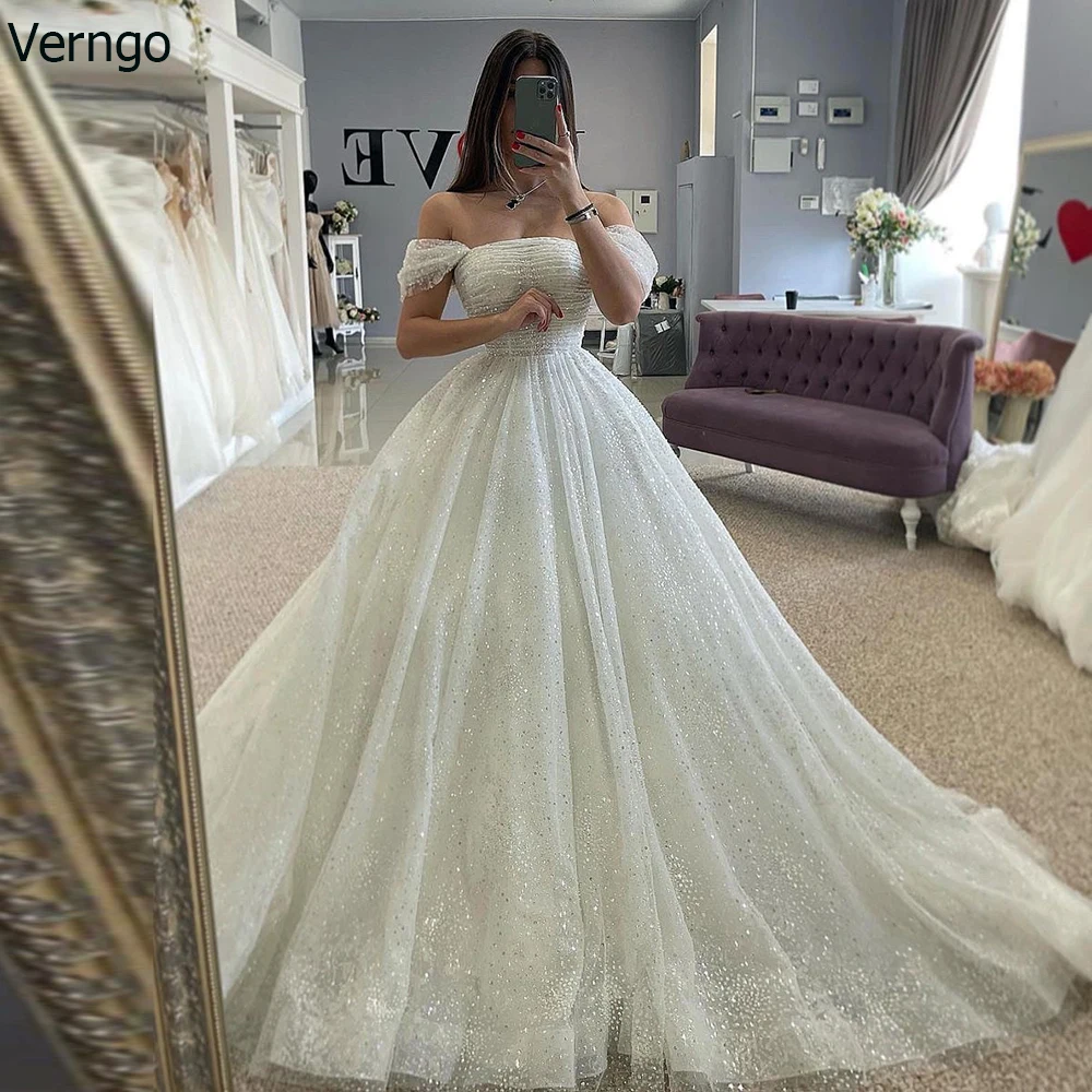 Verngo A-line Long Wedding Dresses Off Shoulder Glitter Strapless Tulle Bride Gown 2023 Wedding Gown for Women Vestidos De Novia