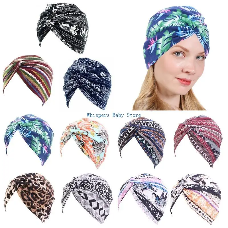 U90E Donne Boho Turbante Pieghettato Cappello Etnico Elefante A Righe per Avvolgere Testa per Croce Torsione Nodo Elastico