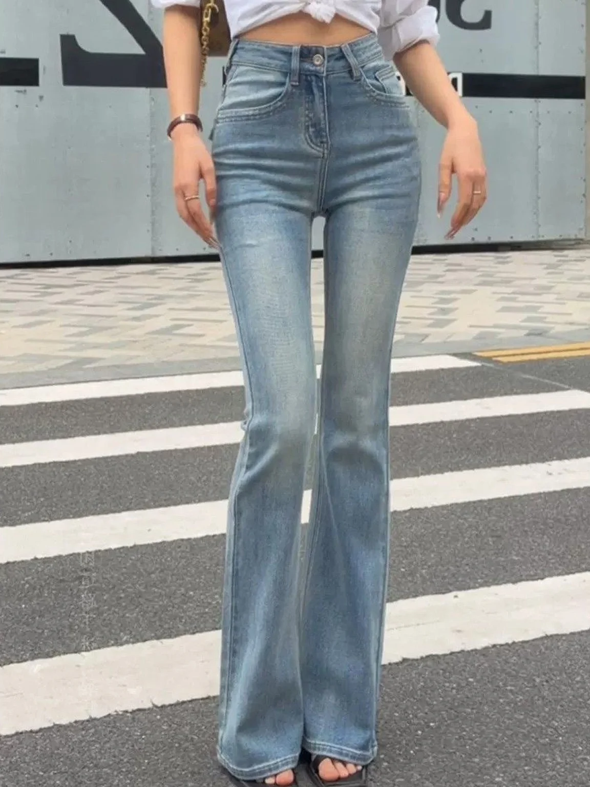 High Waist Bell Bottom Jeans Women's Premium Blue Slimming Long Pants American Style Denim High Rise Bell Shape Casual Trousers