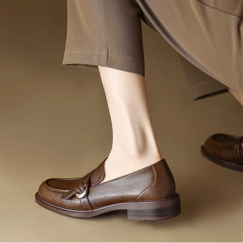 

Chunky Heel Round Toe Women's Loafers Crafted from Genuine Soft Leather in Brown Retro British Look Super Lightweight Shoes