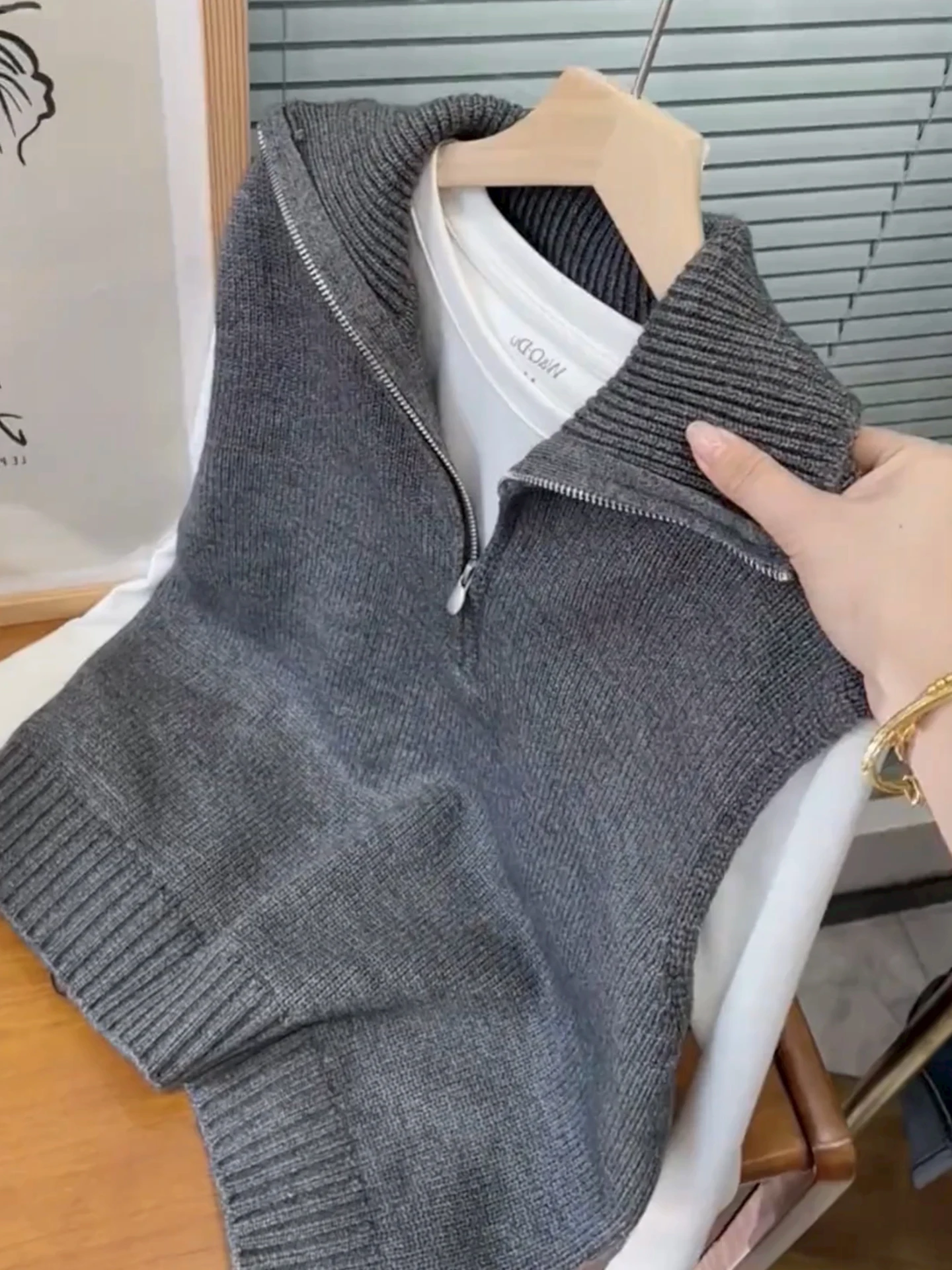 

Korean Sle Knitted Vest f Zip Pure Color Hoodie Lightweight Luxury Autumn Casual Women's Top High-End Feeling