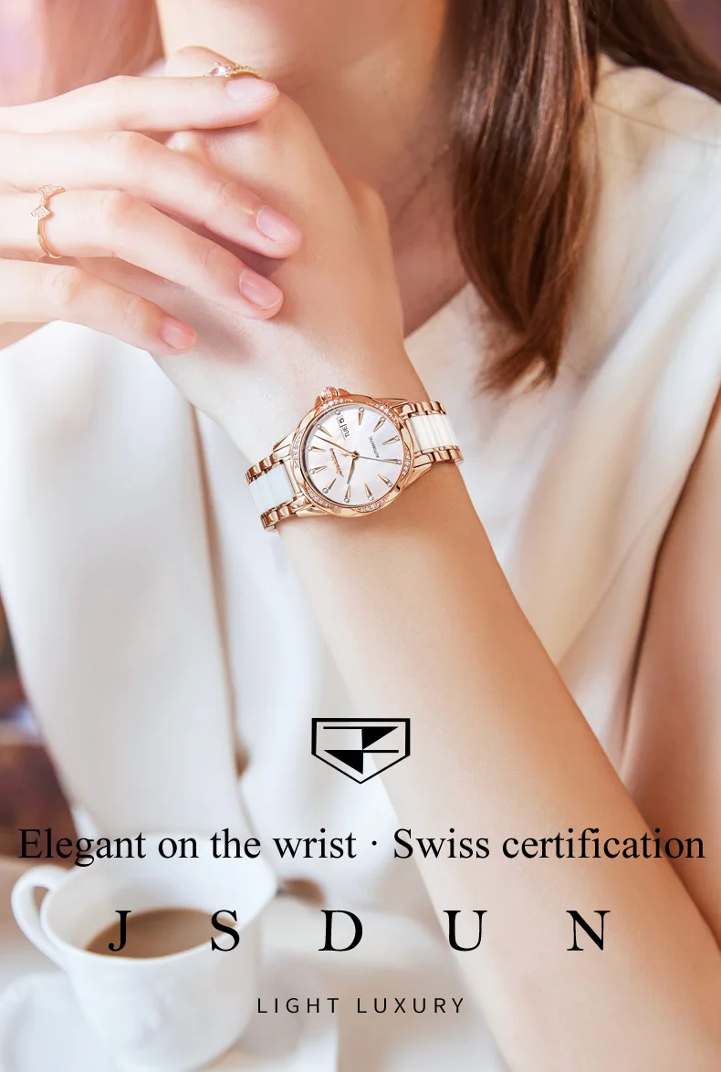 JINSHIDUN 8821 Automatikuhren für Damen, elegante Luxus-Keramik-Stahlarmbanduhr mit Doppelkalender, wasserdichte mechanische Damenuhren – Detail 1