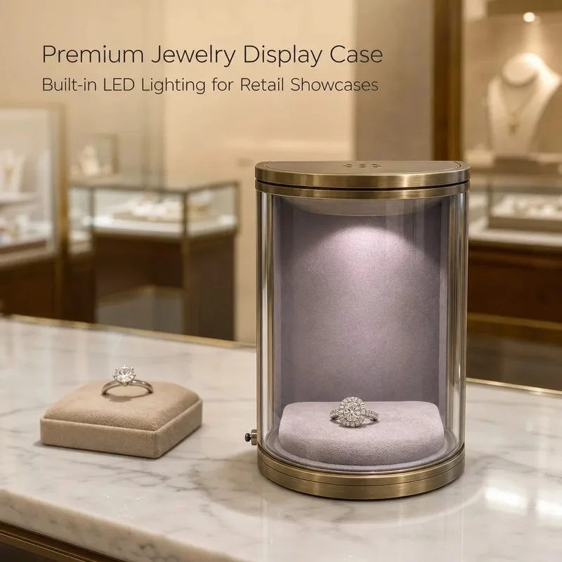 custom.Premium Brushed Circular Glass Jewelry Showcase Cabinet with Velvet Illuminated Lockable Hanging Display