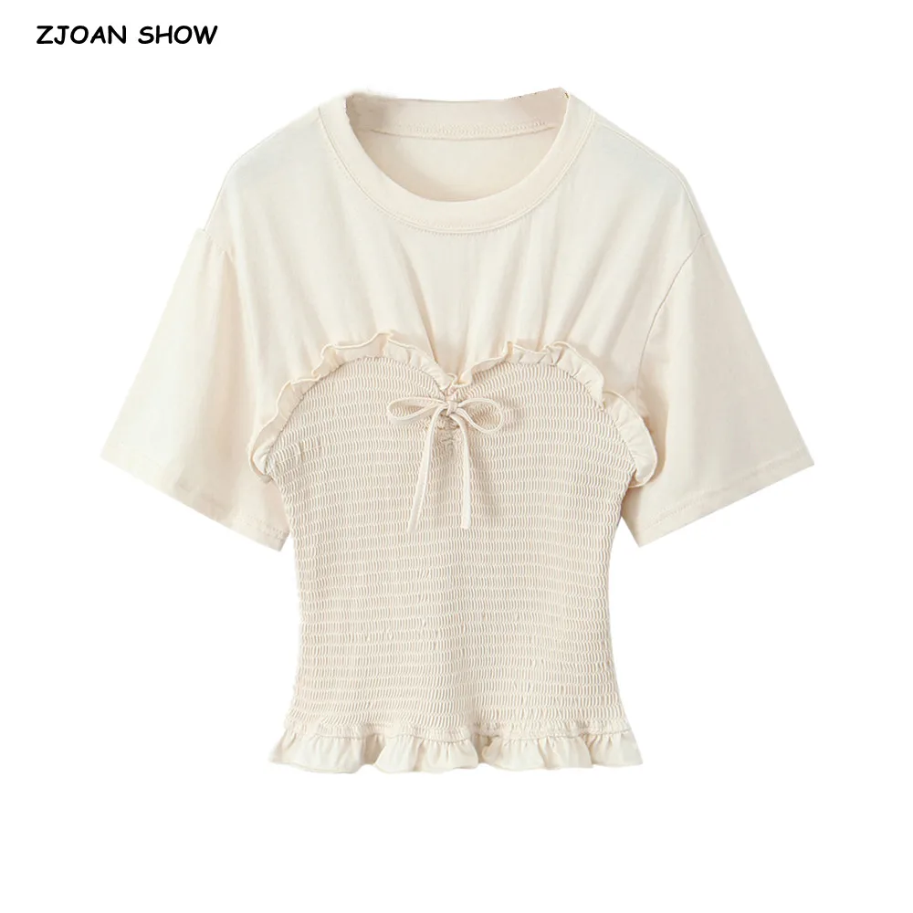 

American Retro Plain Color Pullovers O Collar Short Sleeve Tee Casual Bow Slim Ruched Elastic Waist Hem T-shirt Tops