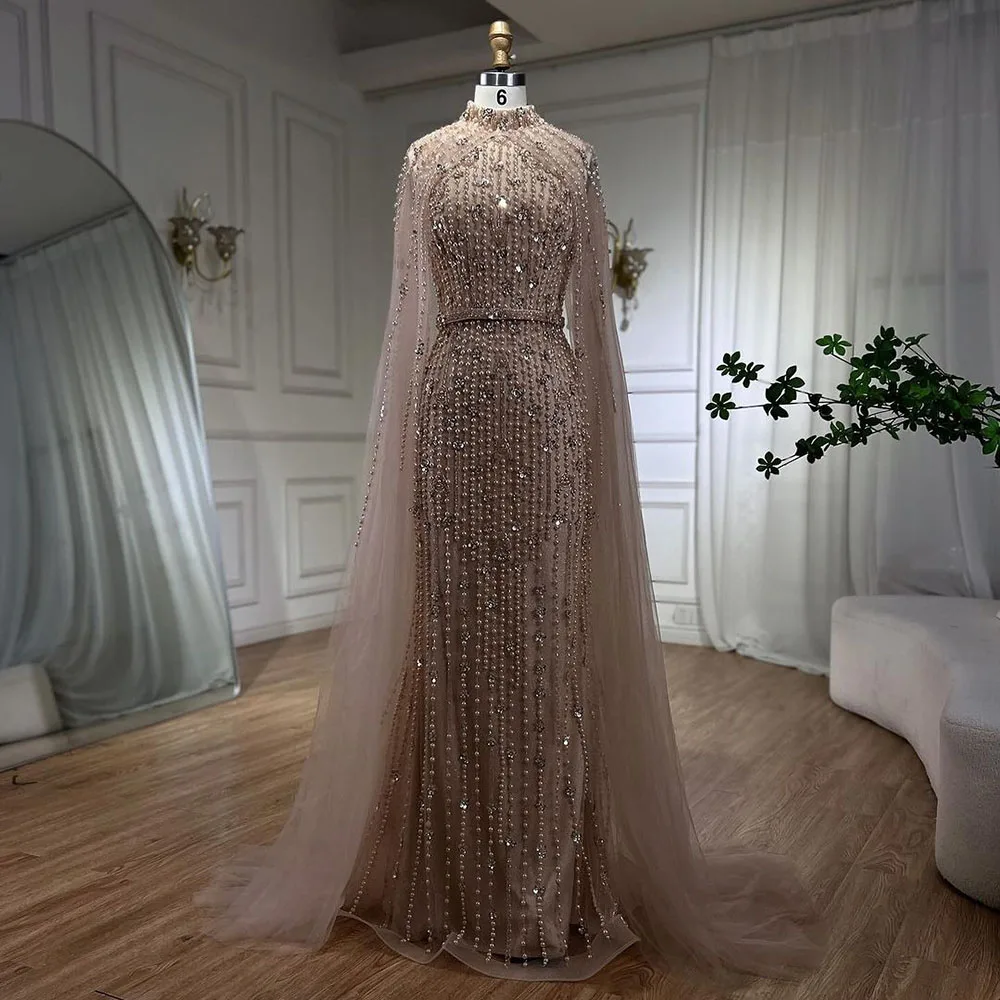 Muslim Nude Mermaid Cape Sleeves Pearls Beaded Luxury Dubai Evening Dresses  Gowns 2025 Wedding Party LA72372 Customized - AliExpress 320