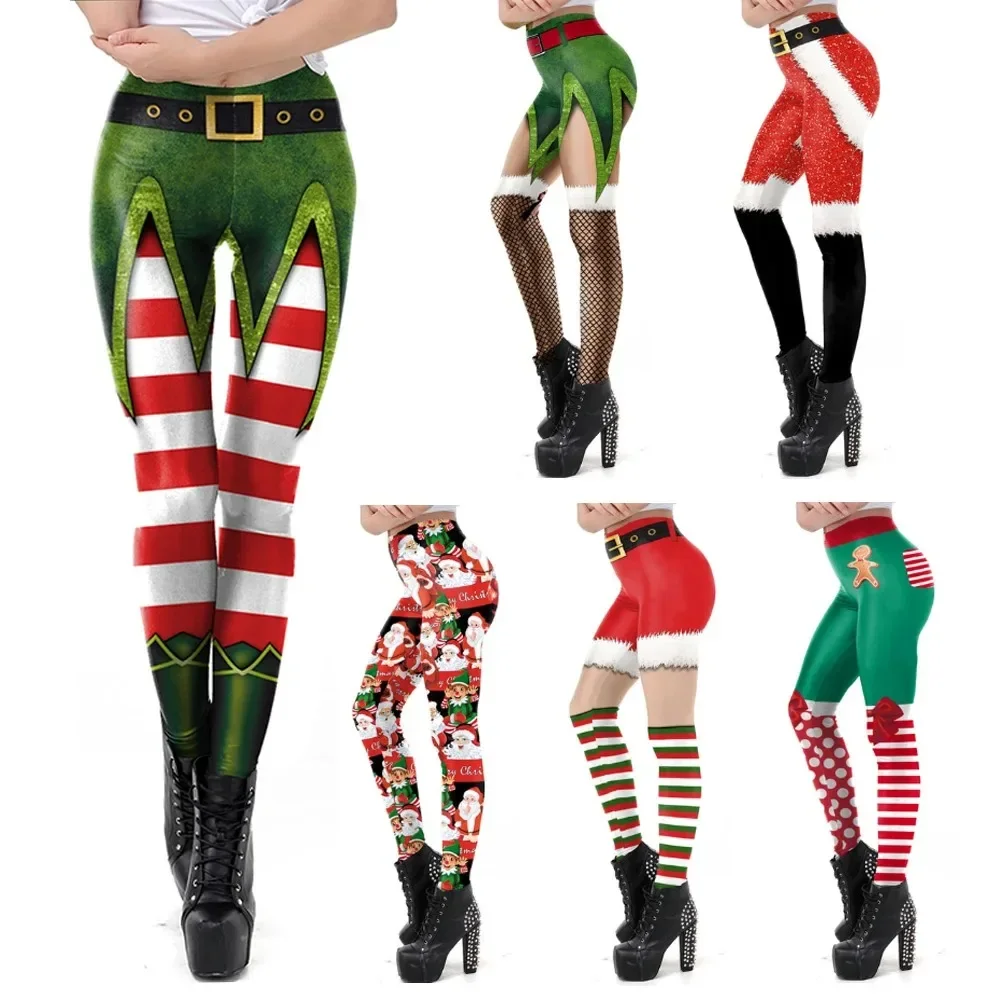 Christmas Elf Leggings Women Carnival Costume Xmas Sexy Tights Holiday Gift Pants 3D Pattern Streetwear Fitness Clothes