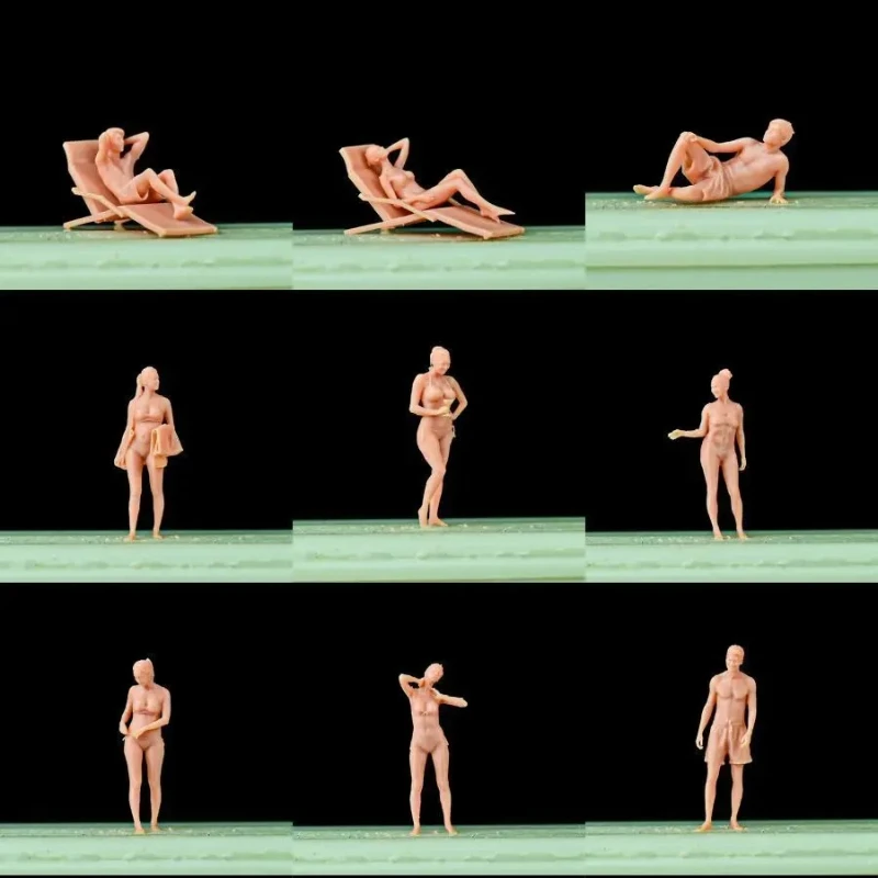 1/64 scale miniature seaside figures, unpainted blank models of sunbathing beach characters pool party dolls (paint it yourself)