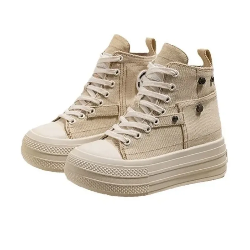 

Women's High Top Thick Bottom Heightening Canvas Shoes Casual Black White Versatile Lace Up Board Autumn New Arrival Sneakers