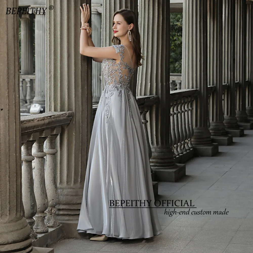 BEPEITHY Customized Gray Long Dresses For Women Party Wedding Evening Scoop Neck Cap Sleeves Party Gowns Vintage Prom Dress 2023