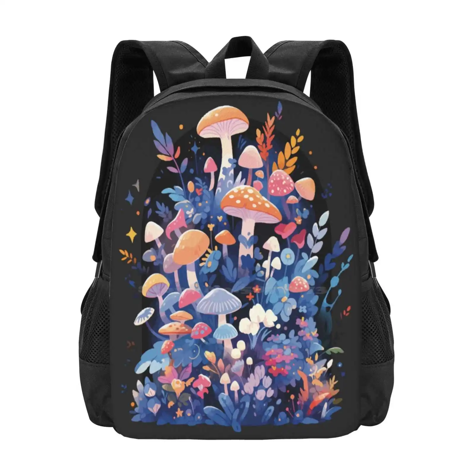 Spring Forth Hot Sale Schoolbag Backpack Fashion Bags Mushrooms Plants Blue Orange Leaves Nature Whimsical Vibrant Neon Color