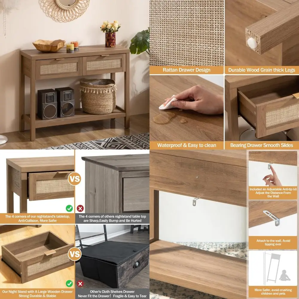 

Boho Style Rattan Console Table with Storage Drawers - Small Entryway Console Table for Bohemian Decor and Organization