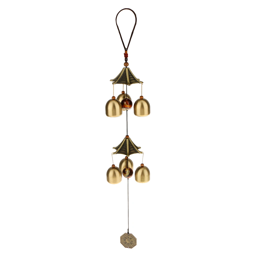 Chinese Wind Chime Hanging Pendant Lucky Feng Shui Yard Garden Decor 2-Layer Roof 6 Bells