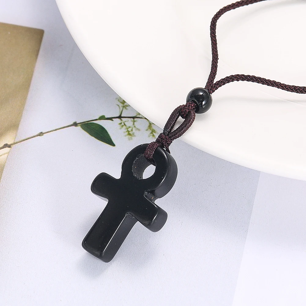 Crux Ansata Charm Necklace Natural Obsidian Ankh Cross Ancient Egypt Symbol of Life Handle Cross Energy Pendant Amulet Jewelry