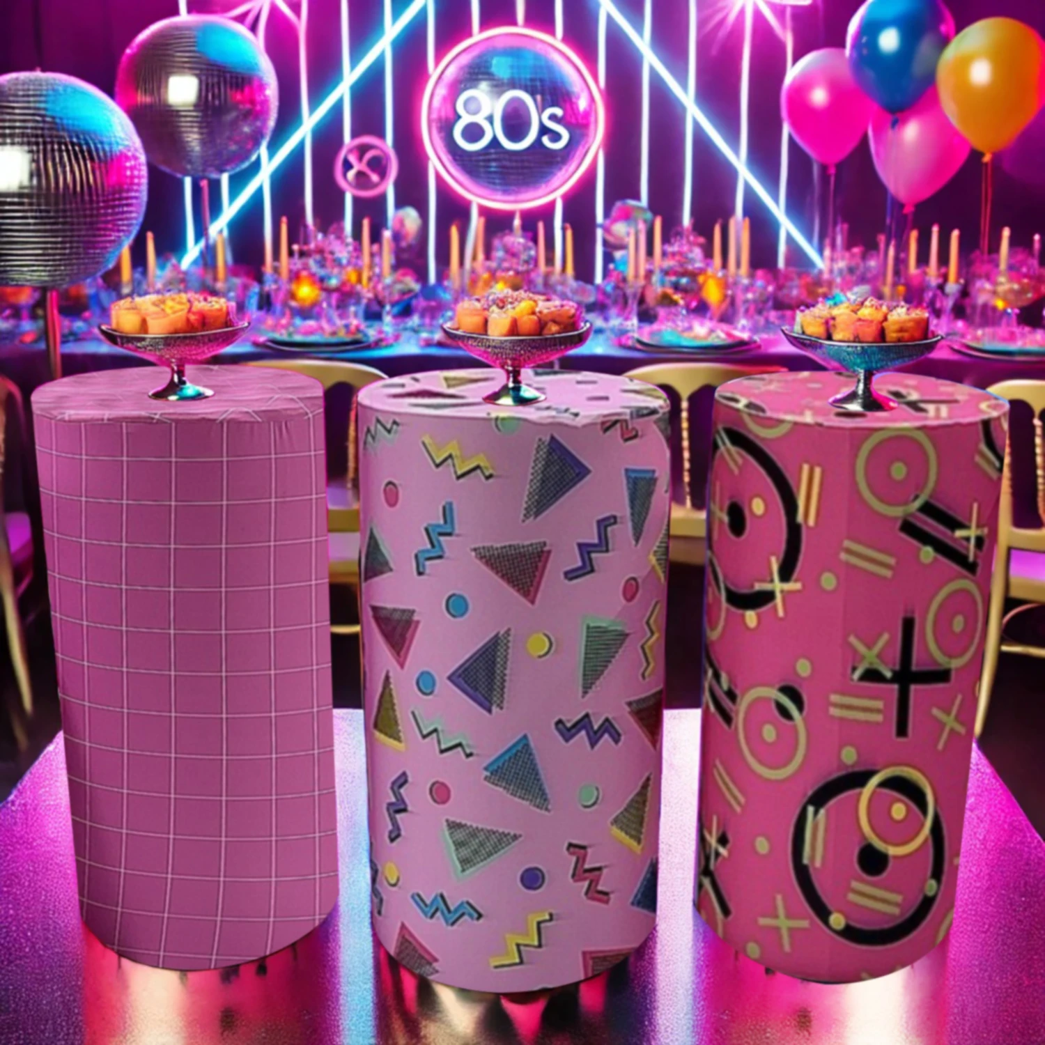 1set (5 Pcs) Cylinder Covers 80s 90s theme Stretchy Pedestal Cover for Birthday Party Baby Shower Tablecloth Decor Props