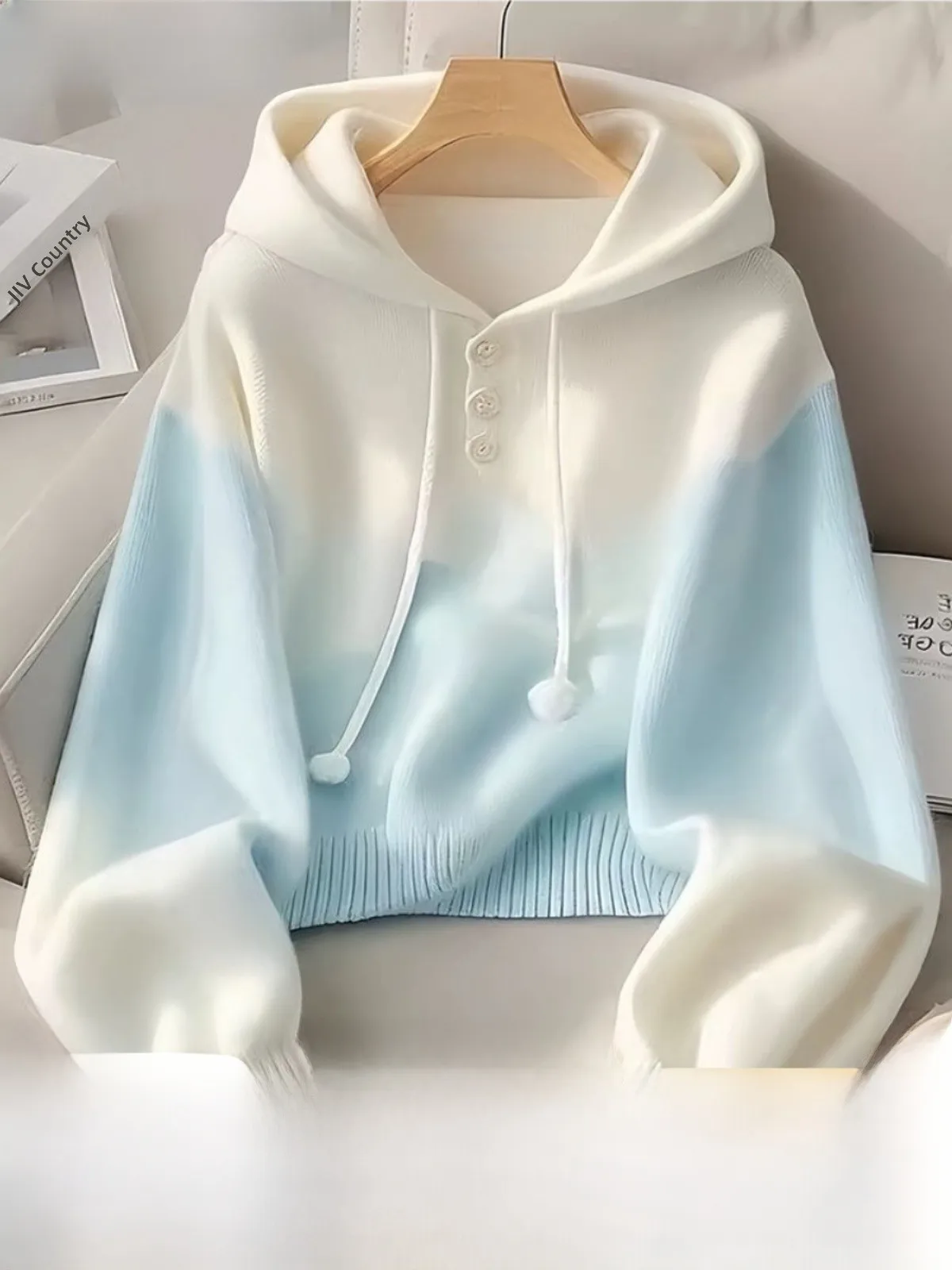 

Plus Size 2024 New Blue adient Hoodie Women's Knitted Sweater Korean Sle Lazy Trendy Top for Autumn Winter Loose Fit Long Sve