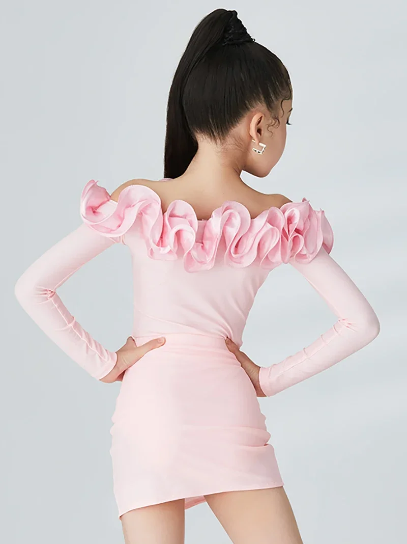 Robe de danse latine professionnelle rose à manches longues pour enfants, body pour filles, jupe, Costume de danse de salle de bal, Costume Chacha