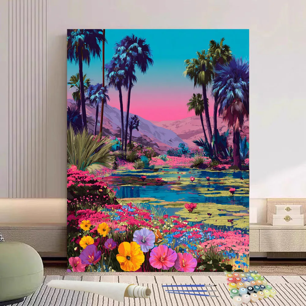 Painting By Numbers Flowers And Streams DIY Hand Painted Oil Painting Canvas Colouring Unique Gift Home Decorate