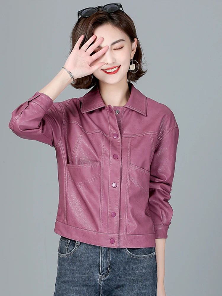 2025年春新作 レディース オーバーフィット ブラックシープレザージャケットコート 韓国風 スリムフィット 海寧産本革アウター