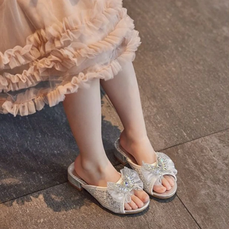 Girls Summer High Heel Sandals Outdoor Fashion Princess Butterfly Crystal Decorated Versatile Korean Style