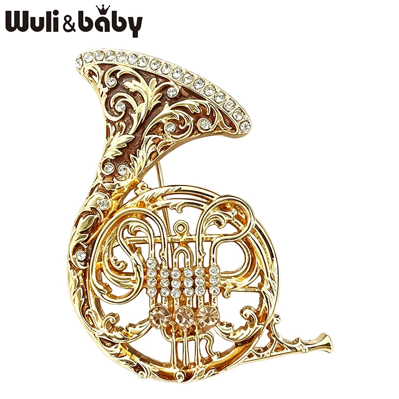 Wuli&baby Beautiful French Horn Brooches For Women Unisex 2-color Rhinestone Enamel Musical Instrument Party Brooch Pins Gifts