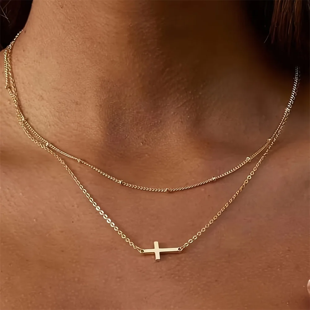 Vintage Gold Color Metal Cross Pendant Necklace Bracelet Jewelry Set for Women Simple Minimalist Match Daily Wear Accessories