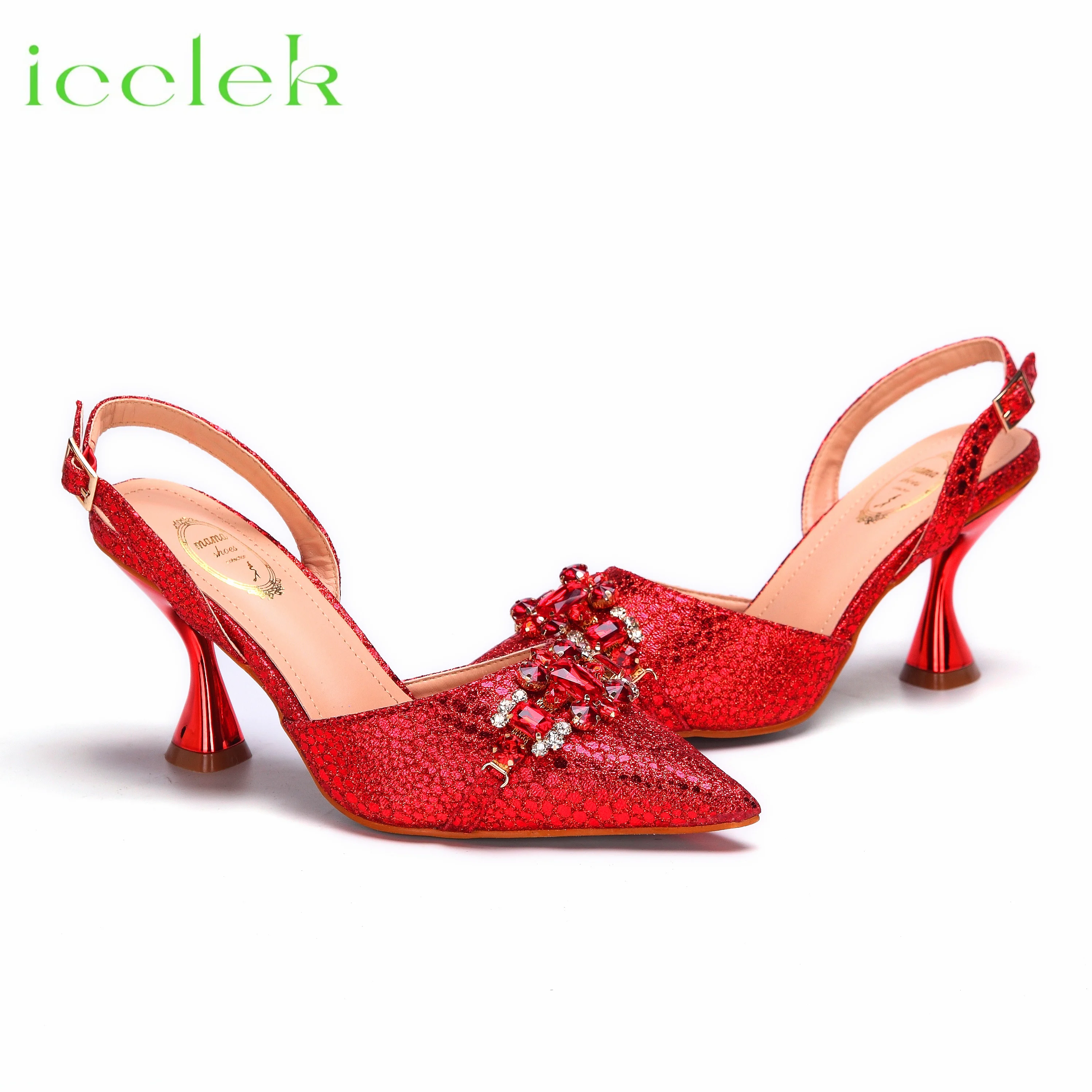 Red Color Sandals for Women 2024 Luxury Wedding Pumps High Heels Rhinestone Design Party Shoes and Bags Set for Wedding Party