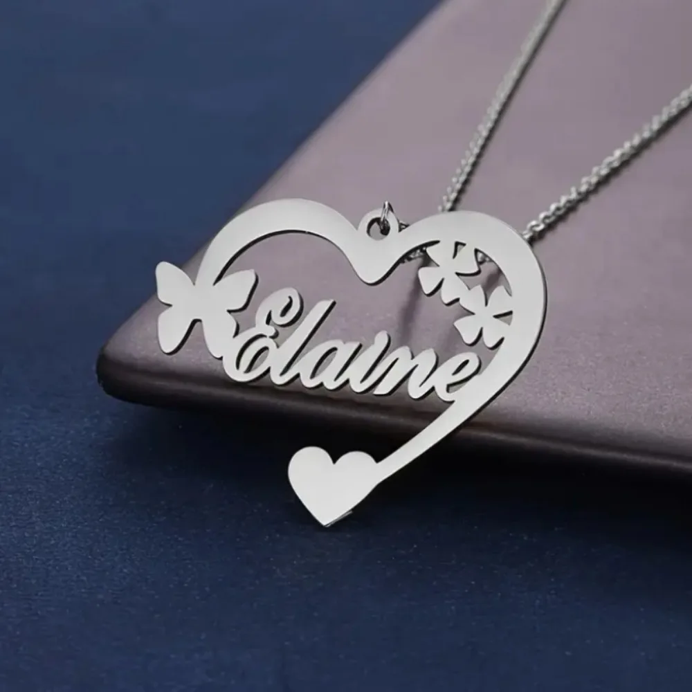 

Custom Necklace One Personalized Name Heart Pendant with Butterfly 18K Gold Plated Stainless Steel Bohemian Elegant Jewelry