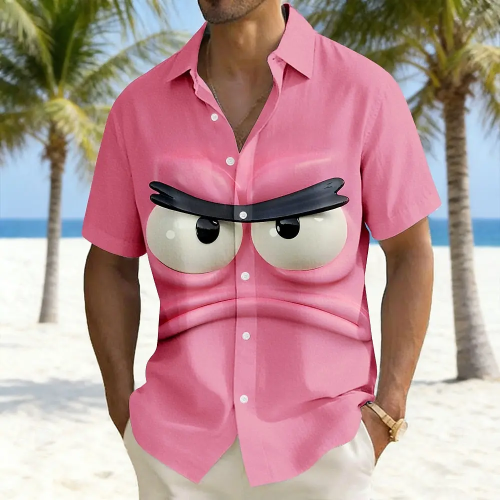 Heren optische illusie 3D cartoon boos gezicht shirts zomer shirt button-up shirt korte mouw grappig outdoor vakantie dagelijkse kleding