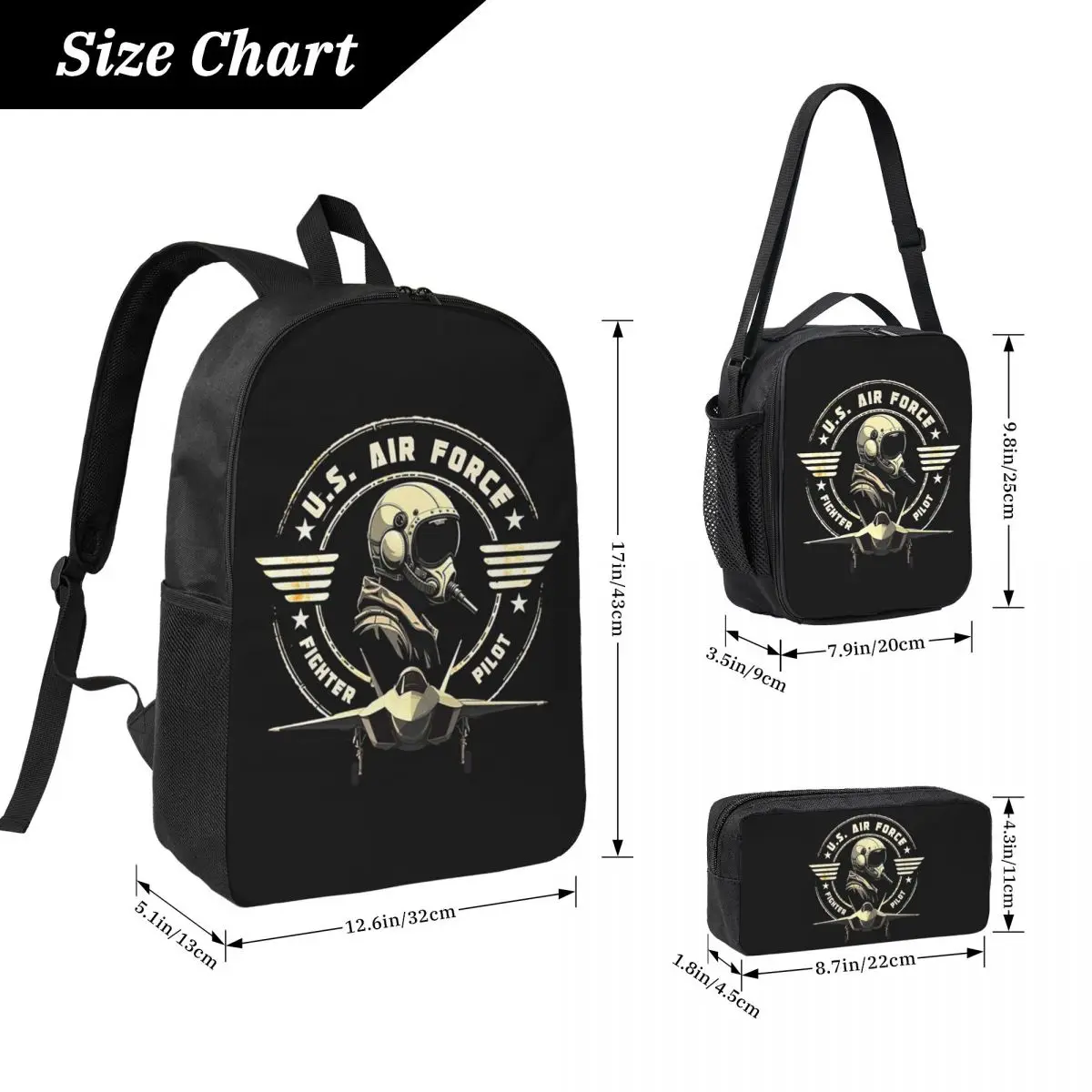 U.S. Air Force Fighter Pilot Military Aviation Vintage Backpack BookBag School Bag Shoulder Bags 3ps Lunch Bag Pencil Case