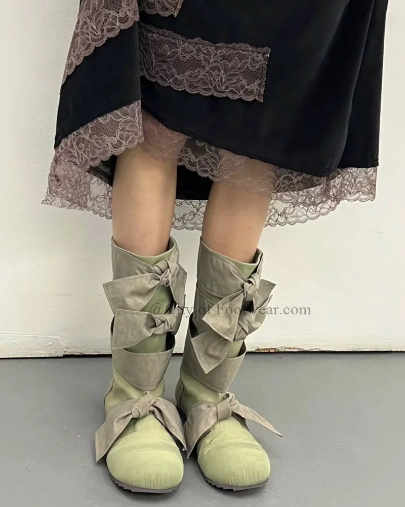 Y2k Green Bow Knot Flats Knee High Boots Round Toe Cute Leather Long Boot Women's Summer New in Designer Lolita Soft Shoes