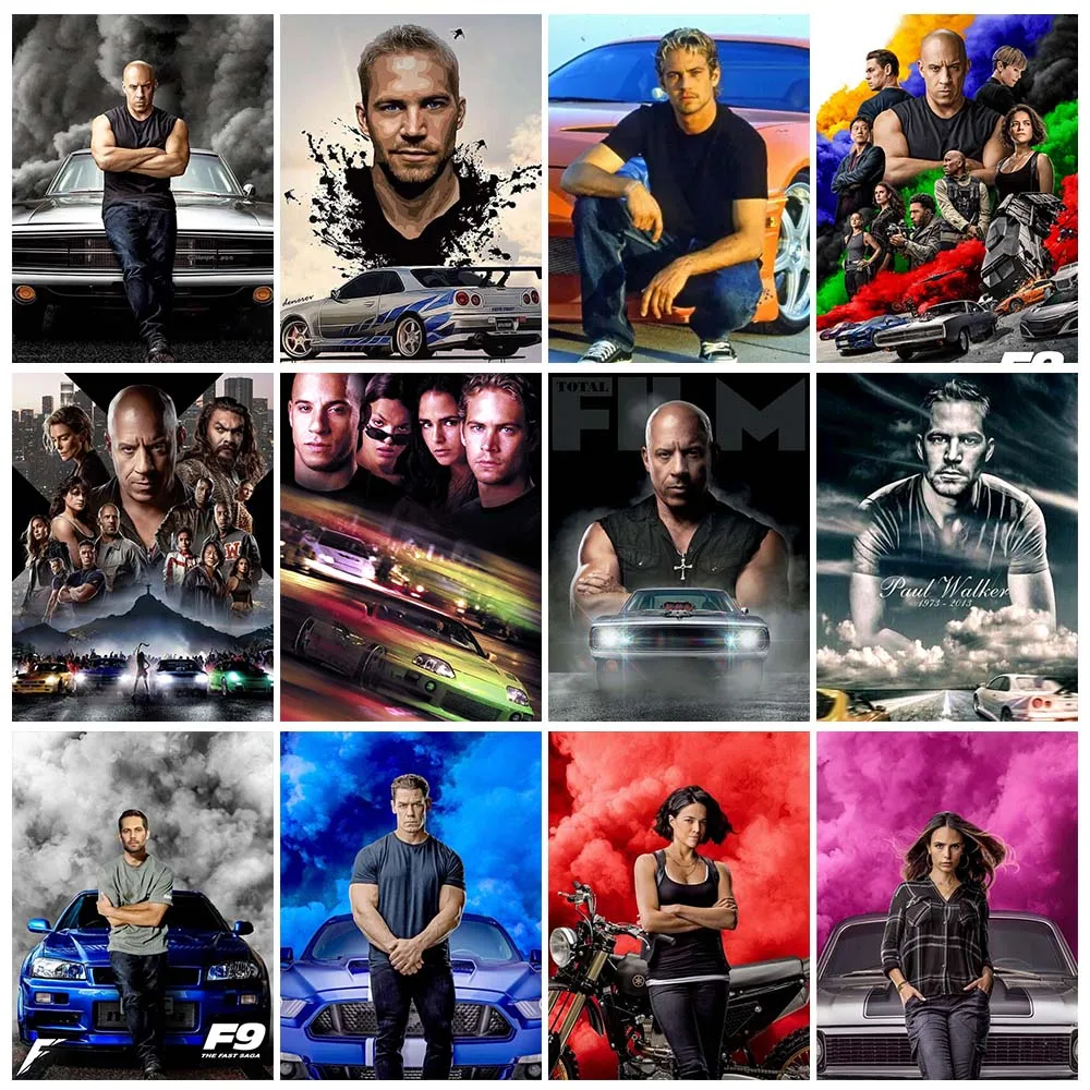 Película clásica Fast And Furious 10 pintura de diamantes de imitación arte Paul Walker y coches taladro cuadrado completo punto de cruz decoración del hogar