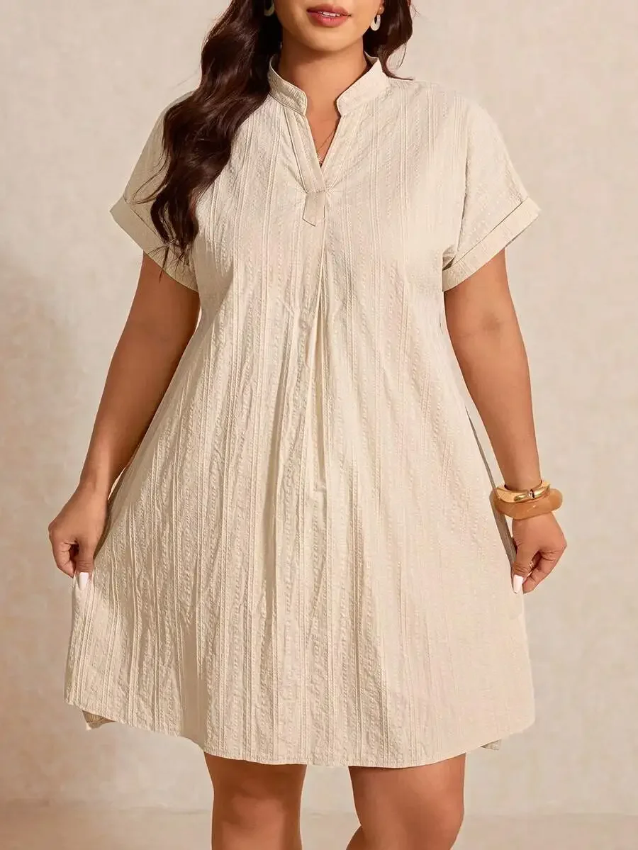 

Plus Size Casual Solid Notched Neck Dress Beige Linen Blend Summer Dress For Women