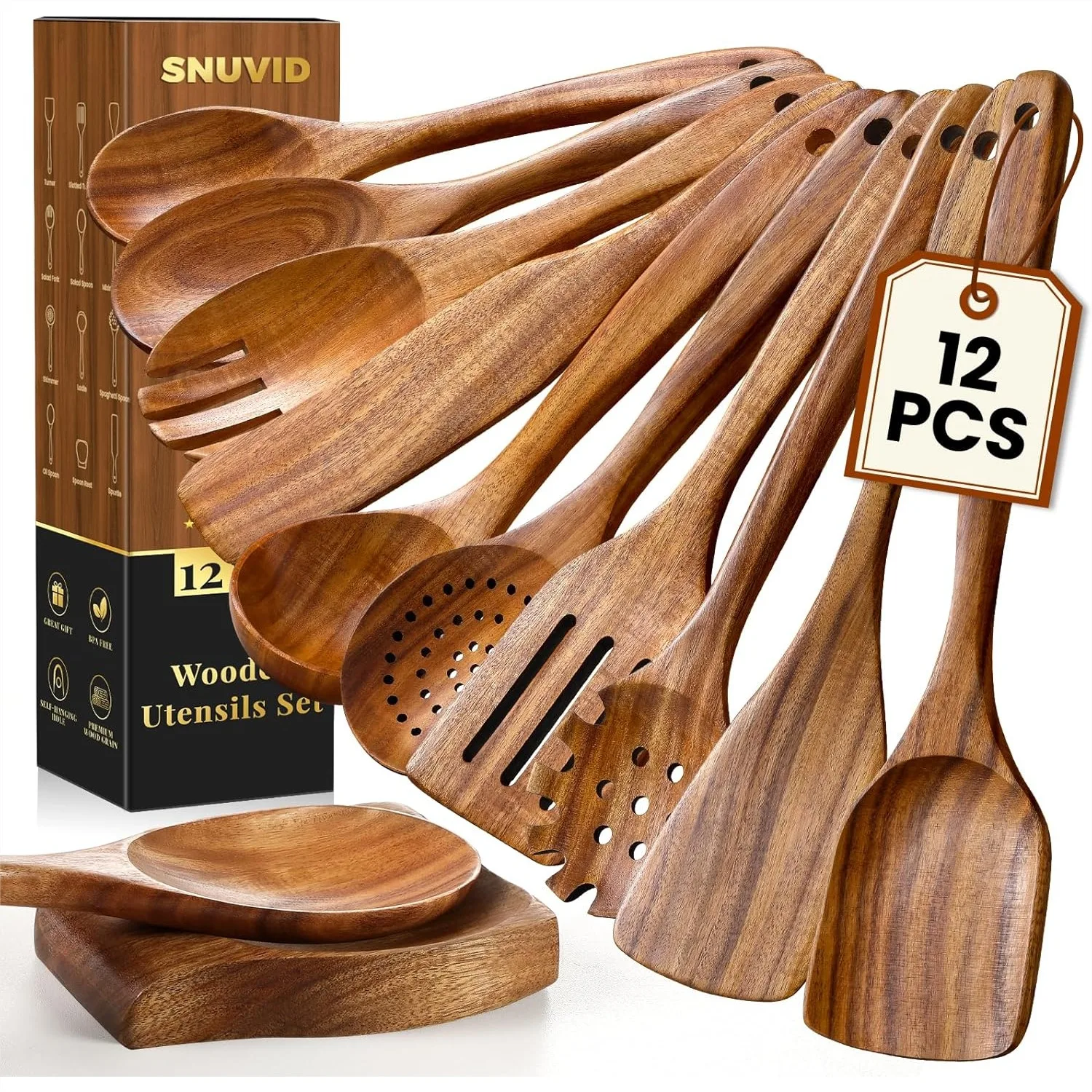 

12 Pcs Teak Wood Kitchen Utensils Set with Spoon Rest for Nonstick Cookware