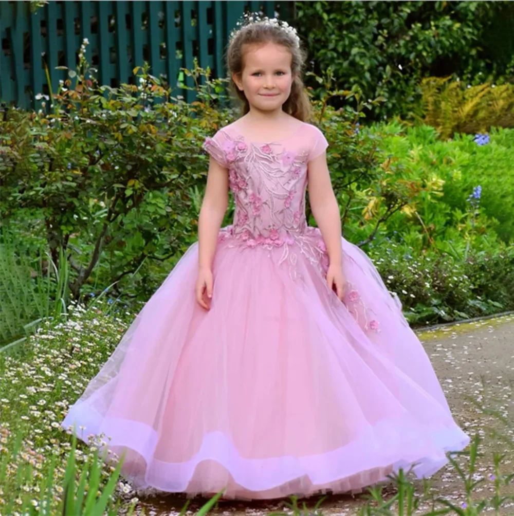 

Pink Flower Girl Dresses for Wedding Lace Appliques Sleeveless Baby Girl Birthday Party Gowns First Communion Gowns Customized