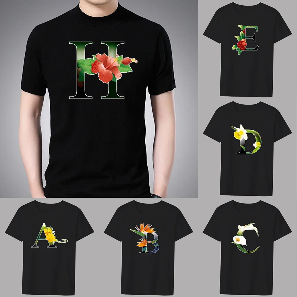 Men'sT-shirt Basic Print Short Sleeve Anime Top Flower Color Lettern Series Casual Black O-neck Youth Commuter Comfortable Shirt