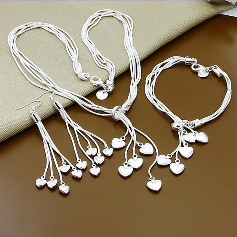 925 Sterling Silver Multilayer Heart Style Women Earrings Necklaces Bracelets Fashion Jewelry Set